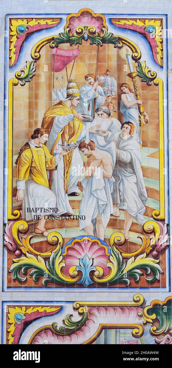 Valega Hauptkirche, Detail der façade mit Azulejos bedeckt, Valega, Beira, Portugal Stockfoto