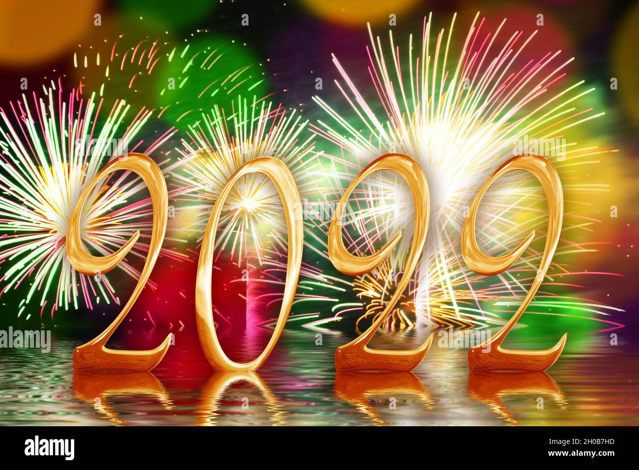2022 goldene Zahlen, Feuerwerk im Hintergrund, Silvesterkarte Stockfoto