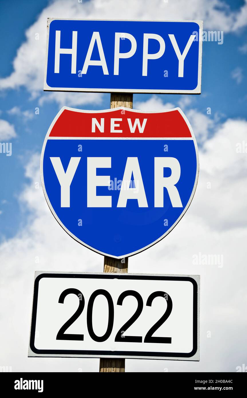 Hapy Neujahr 2022 geschrieben auf amerikanischen Straßenschild Stockfoto
