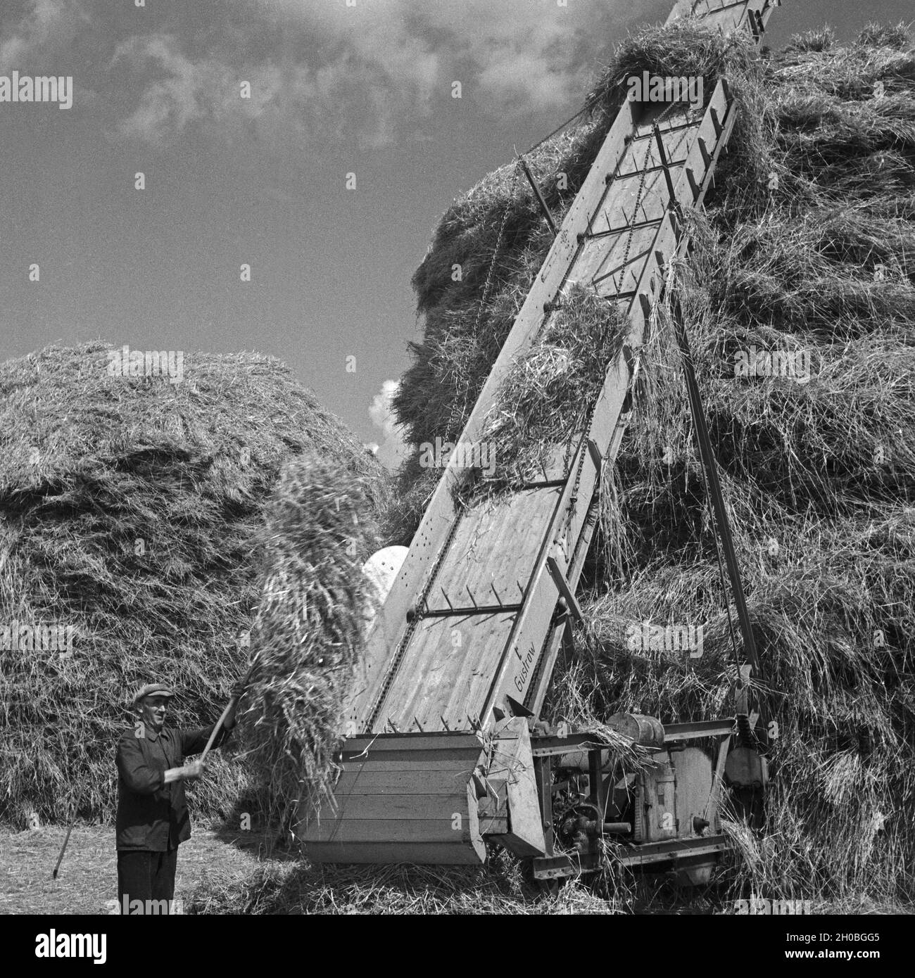 Aufstapeln von frisch geerntetem Heu im Altmühltal, Deutschland 1930er Jahre. Häufen sich frisch geerntete Heu im Altmühltal Tal, Deutschland 1930. Stockfoto