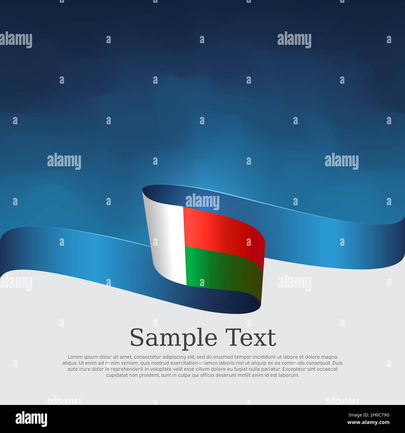 Hintergrund der Madagaskar-Flagge. Madagaskar Flagge gewelltes Band auf blauweißem Hintergrund. Nationales patriotisches Plakat. Vector dreifarbiges Broschürendesign. Staat BA Stock Vektor