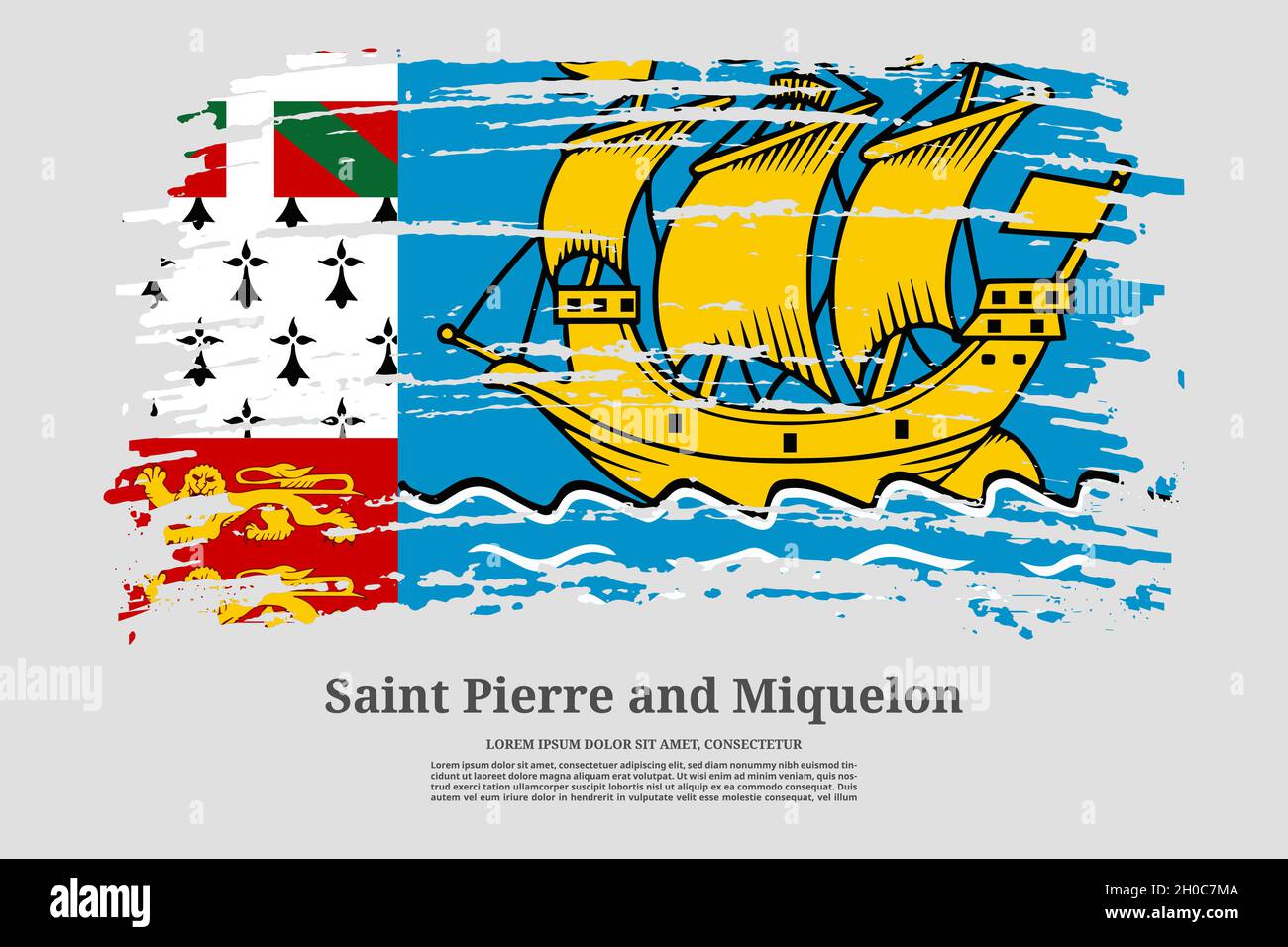 Saint Pierre und Miquelon Flagge mit Pinselstrich-Effekt und Informationstextplakat, Vektor-Hintergrund Stock Vektor