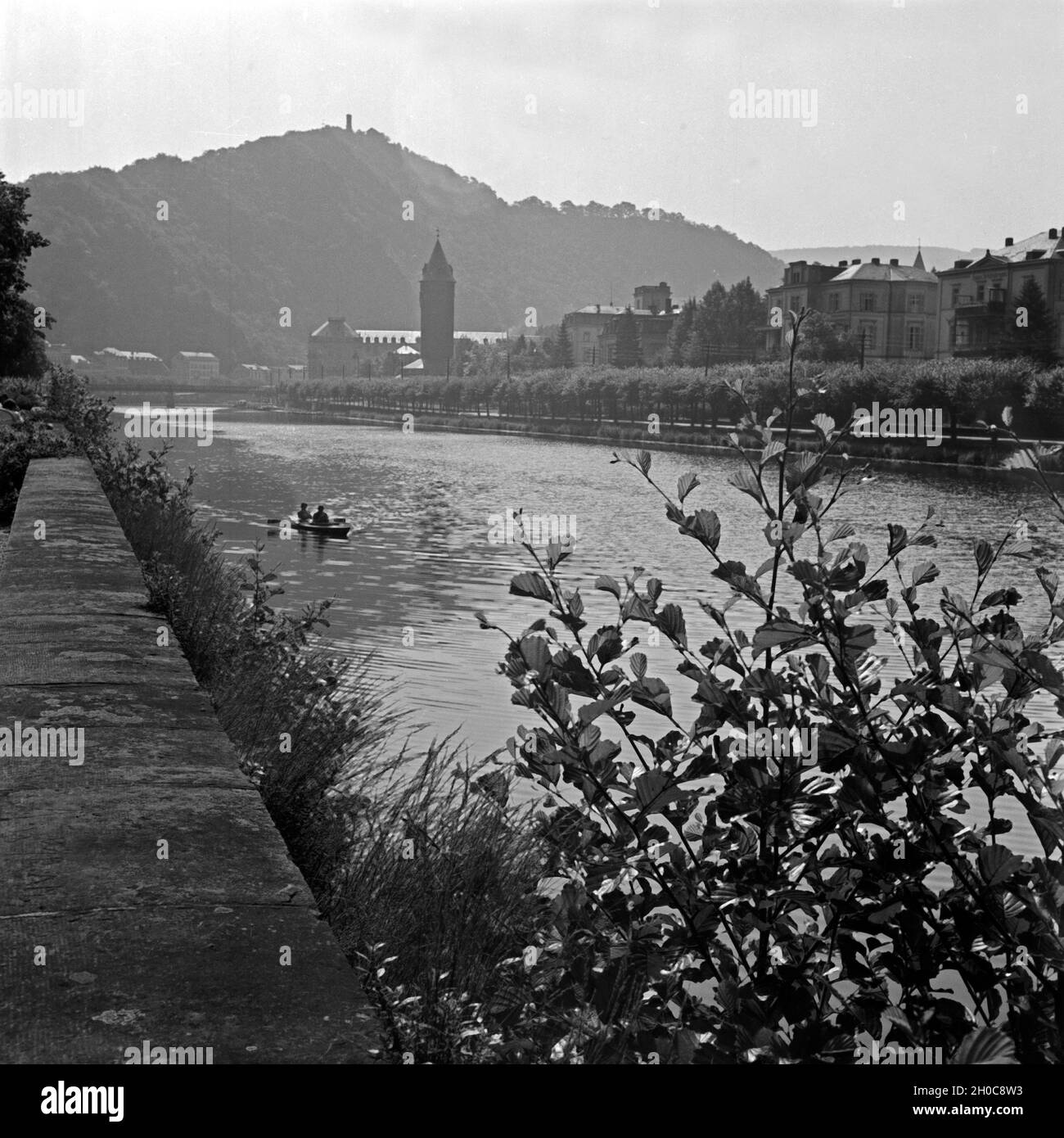 Blick in die Kurstadt Bad Ems an der Lahn, Deutschland 1930er Jahre. Blick auf die Kurstadt Bad Blick in die Kurstadt Bad Ems an der Lahn, Deutschland 1930er Jahre. Blick auf die Kurstadt Bad