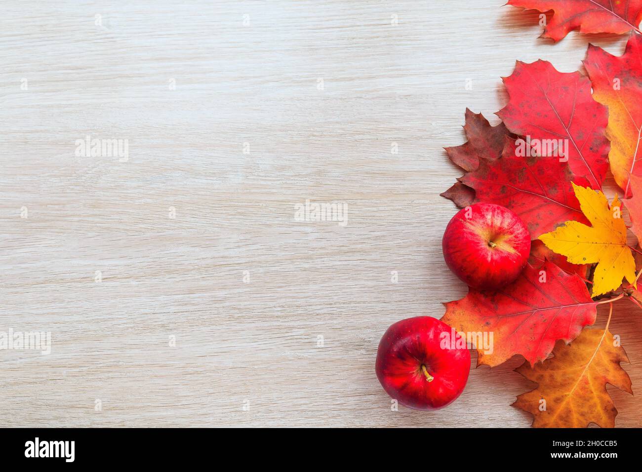 Herbstdekor aus Blättern und rotem Apfel auf Holzhintergrund. Flach Lay Herbst Komposition mit Kopierraum. Stockfoto