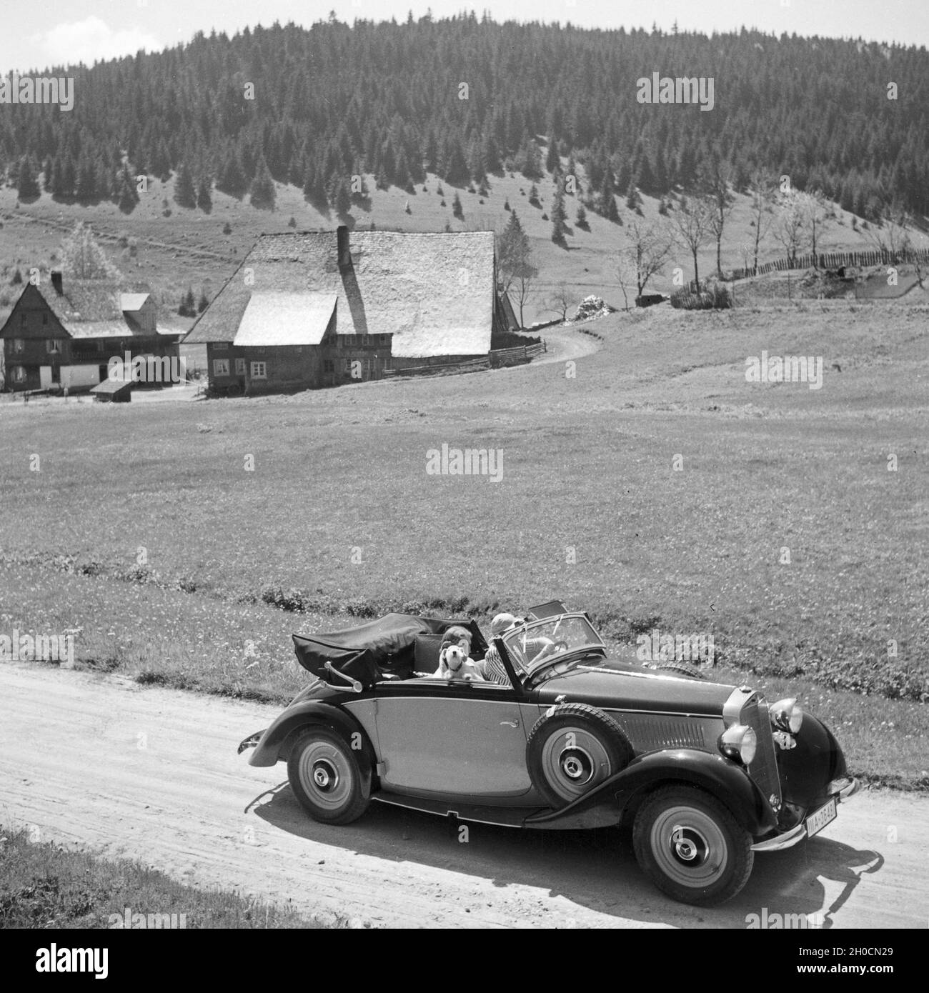 Mit dem Mercedes Benz unterwegs im Schwarzwald, Deutschland 1930er Jahre. Auf der Straße in einem Mercedes Benz in Schwarzwald, Deutschland 1930. Stockfoto