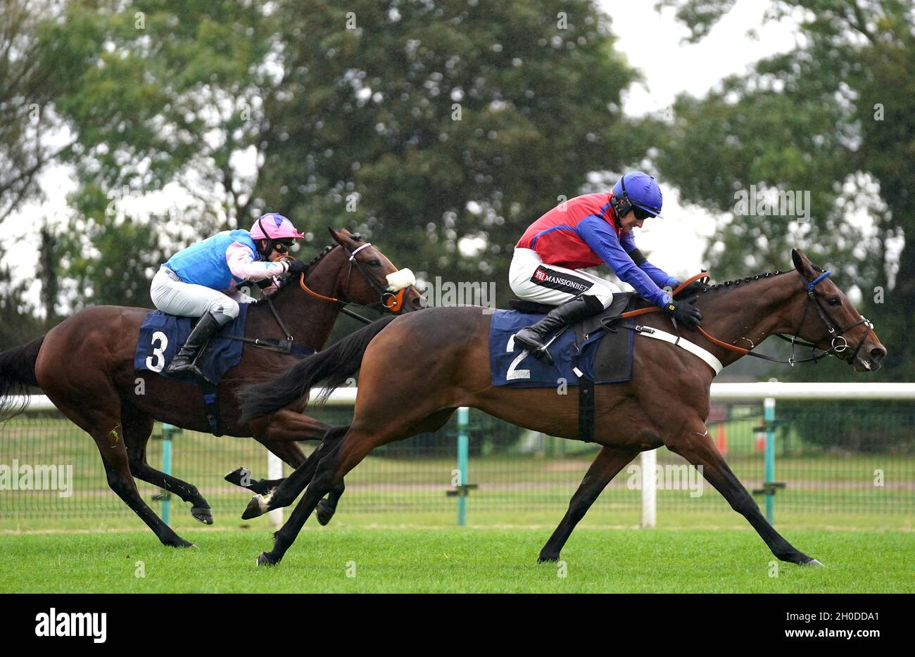 Etwas bewölkt geritten von Jockey Brian Hughes (rechts) gewinnt die Maiden-Hürde von Racing TV Mares mit I Spy Eine Diva, die von Jockey David Bass an zweiter Stelle auf der Rennbahn von Huntingdon gefahren wird. Bilddatum: Dienstag, 12. Oktober 2021. Stockfoto