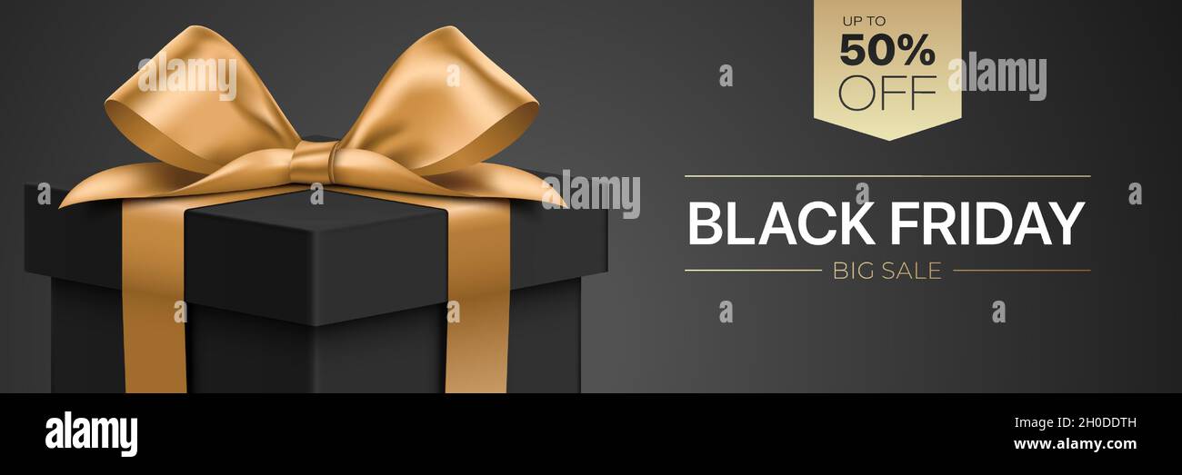 Black Friday Rabattkarte Vektor-Design, mit Luxus-Stil schwarze Geschenkbox mit goldenem Band verpackt. Stock Vektor