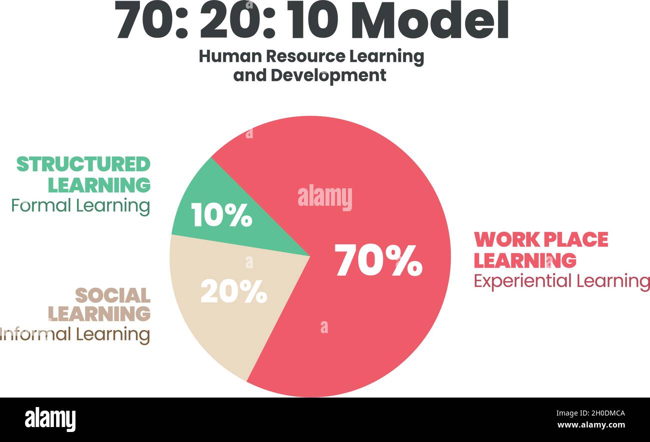 Tortendiagramm Vektordiagramm ist HR Lernen und Entwicklung illustriert 70:20:10 Modell. Flache Infografik-Präsentation hat zu 70 % Berufserfahrung, Stock Vektor
