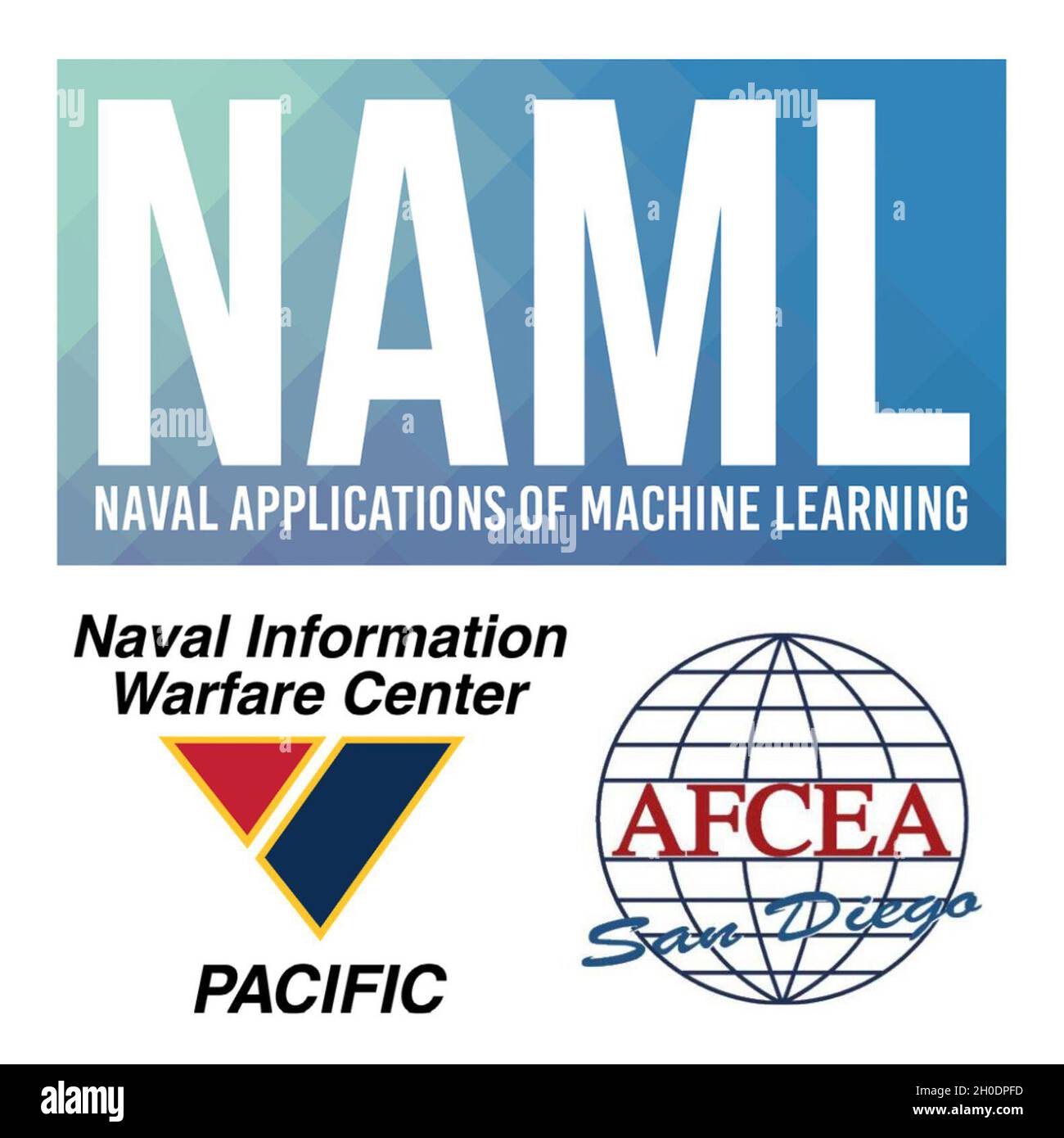 Das Bild gruppiert die Logos des Naval Applications of Machine Learning (NAML) Workshops, des Naval Information Warfare Center (NIWC) Pacific und der Armed Forces Communications and Electronics Association (AFCEA) San Diego zu einem Bild, das für die Pressemitteilung der zugehörigen Medien verwendet werden kann. Stockfoto