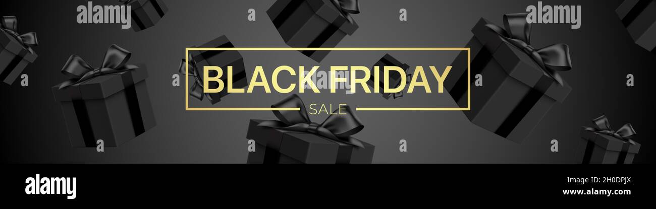 Black Friday Sale Vektor-Banner, mit fallenden Geschenkboxen und goldenen Schriftzügen. Luxus-Stil dunkel Werbehintergrund mit realistischen Geschenk-Boxen Muster. Stock Vektor
