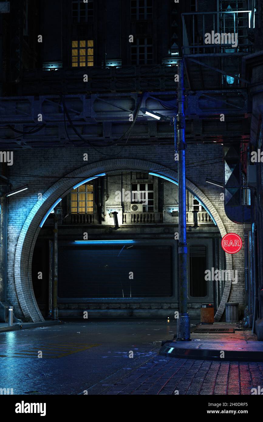 Stimmungsvolle, dunkle, futuristische Stadtstraße bei Nacht, realistisches 3D-Rendering im Hochformat mit Kopierraum. Stockfoto