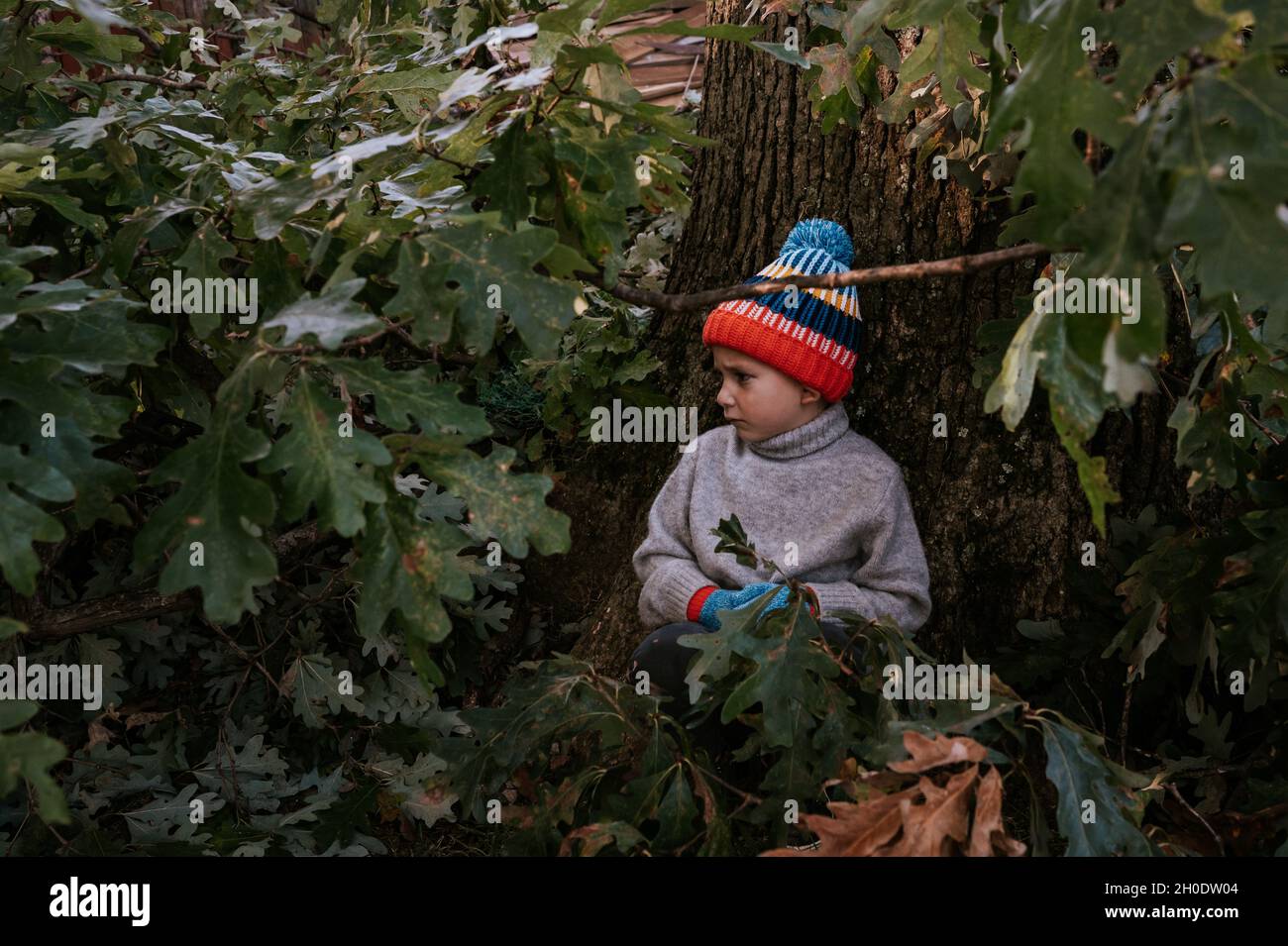 Trauriger kleiner Junge mit Hut und Fäustlingen, der unter einem Baum sitzt Stockfoto