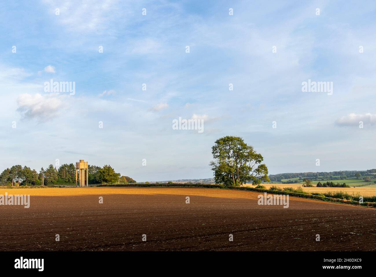 Ein gepflügeltes Feld in der Herbstsonne mit langen Schatten. Die rote Erde, die durch einen hohen Prozentsatz von Eisen verursacht wird, das den Abendhimmel reflektiert Stockfoto