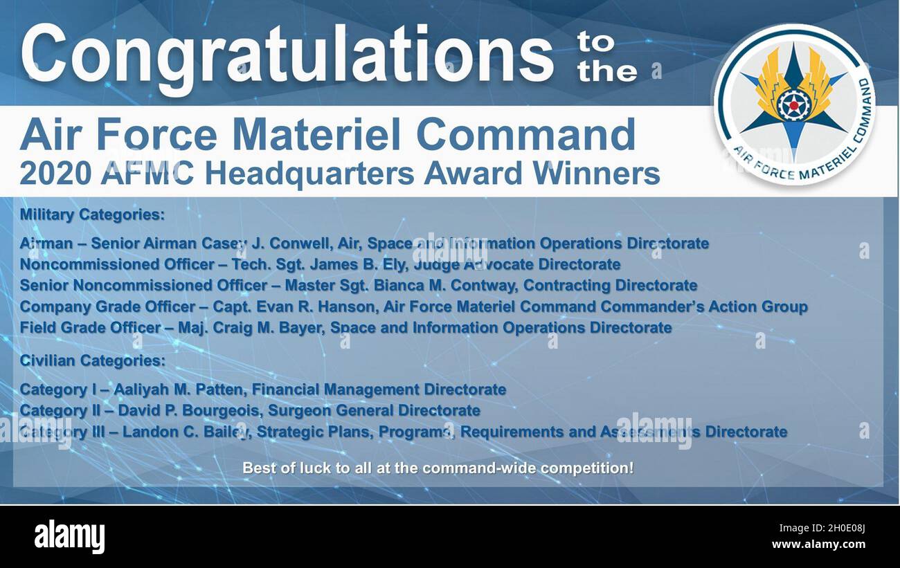 Herzlichen Glückwunsch an die Gewinner des AFMC Headquarters Award 2020 der Air Force Maternel Command Stockfoto
