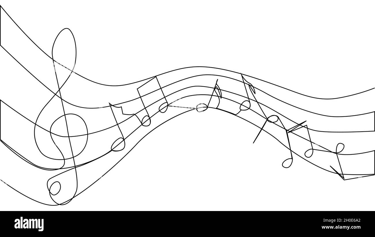 Ein Violinschlüssel und Noten werden durch eine einzelne schwarze Linie auf weißem Hintergrund gezeichnet. Fortlaufende Linienzeichnung. Stock Vektor