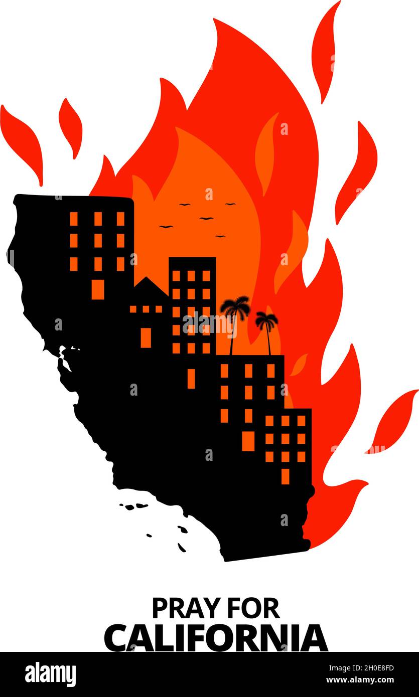 Vektor von Waldbrand im Bundesstaat Kalifornien, USA. Bäume, die im Begriff sind, in rotem, orangefarbenem Lauffeuer zu brennen. Creek Feuer im Wald. Betet für Kalifornien Stock Vektor