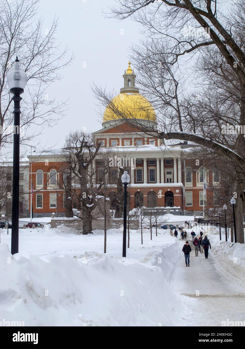 Massachusetts State House und Boston Common im Schnee Stockfoto