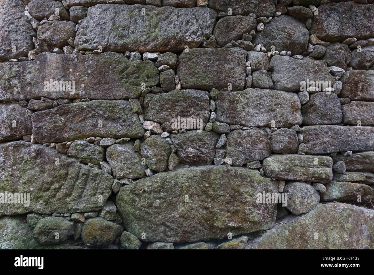 Muster einer dunklen alten Mauer in Galicien, Spanien. Stockfoto