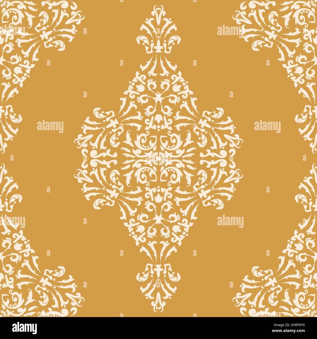 Damast-Muster mit Arabesken nahtlosen Hintergrund. Ornament im östlichen Stil. Gold, Gelb. Vektorgrafiken. Für Stoffe, Fliesen, Tapeten oder Verpackungen Stock Vektor