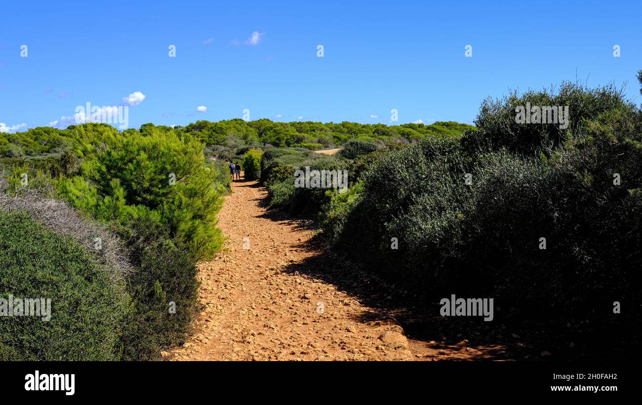 Blick und Panoramen auf den 'camì de cavalls' (Pfad der Pferde) Wanderweg von Menorca, Balearen, Spanien. Stockfoto