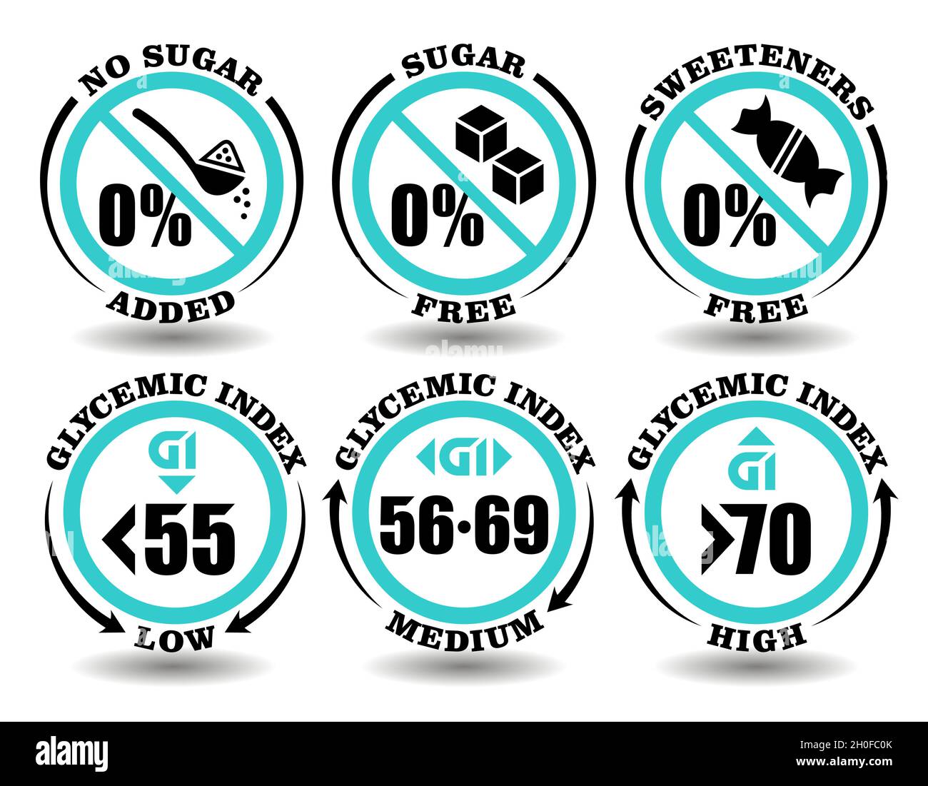 Konzept Zeichen Satz von runden Symbolen Zuckerfreie Mahlzeit, Süßstoff Freie Nahrung, kein Zucker Produkt hinzugefügt. Niedrige, mittlere, hohe glykämische Index Diät für die Verpackung von h Stock Vektor