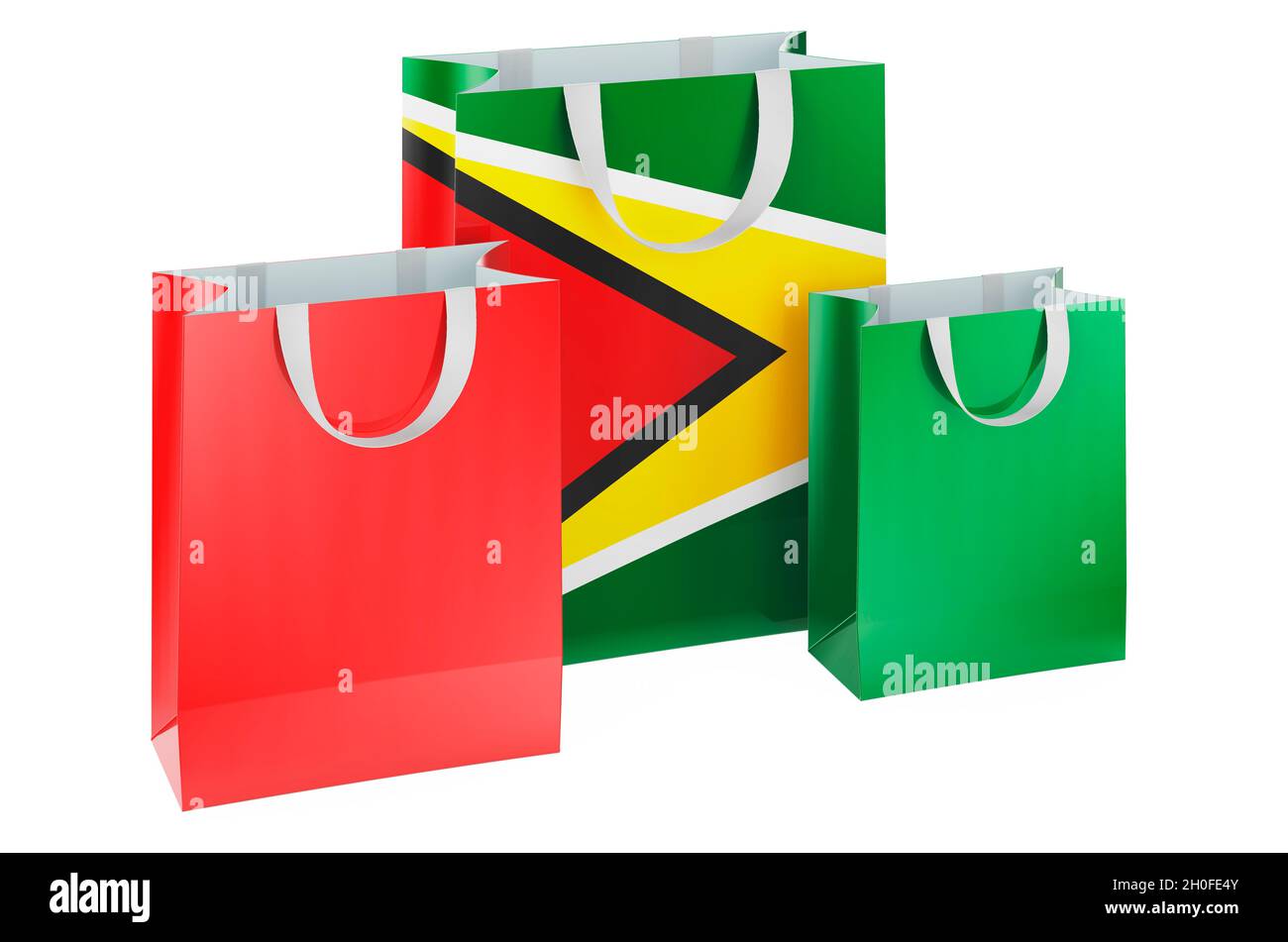 Einkaufstaschen mit guyanischer Flagge. Einkaufen in Gayana, Konzept. 3D-Rendering auf weißem Hintergrund isoliert Stockfoto