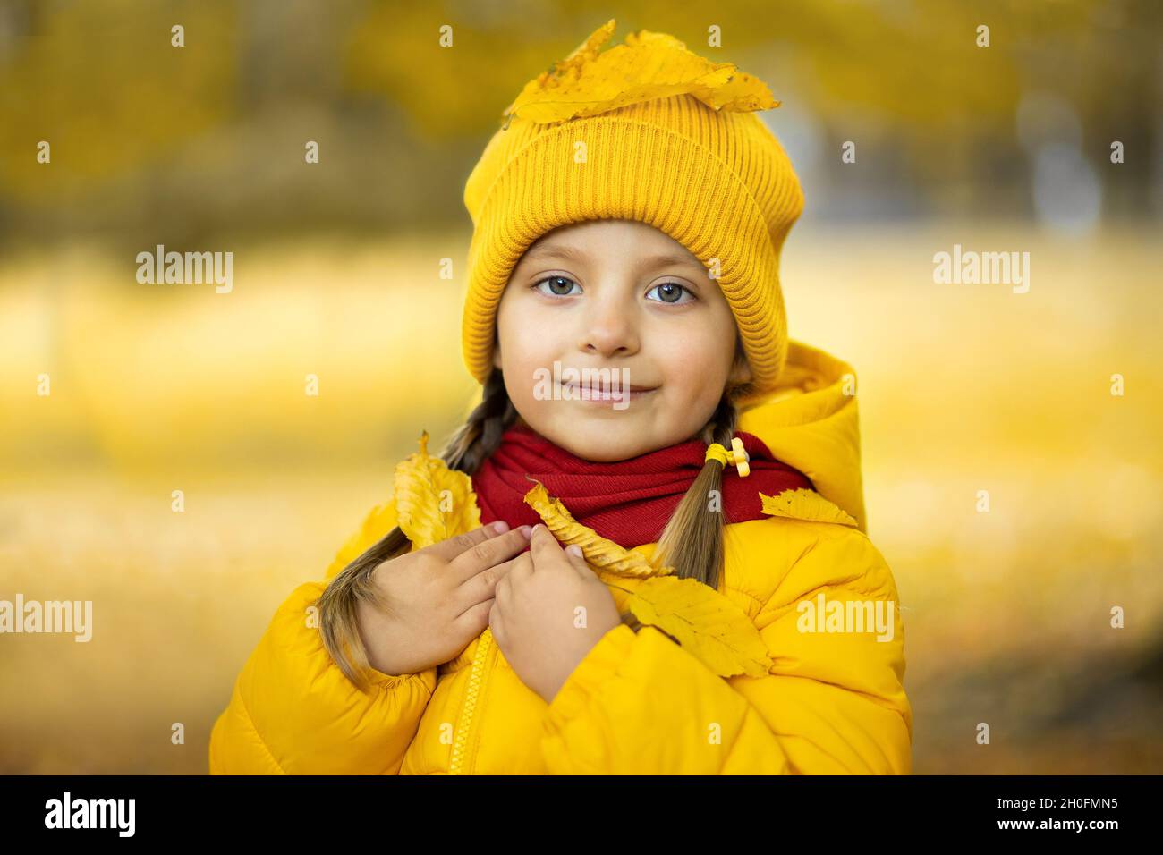 Nahaufnahme Outdoor-Porträt von niedlichen kleinen Mädchen, trägt gelbe  Jacke, Mütze, roten Schal, posiert mit Lächeln vor der Kamera auf dem  Hintergrund der Herbstbäume. Gelb gefallene Blätter auf dem Kopf und den  Schultern