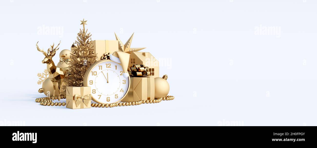 Frohe Weihnachten und Glückwünsche zum neuen Jahr. Goldene Dekoration auf weißem Hintergrund mit Copy Space 3d Rendering 3d Illustration Stockfoto