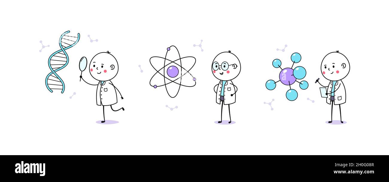 Medizinische und wissenschaftliche Forschung. Cartoon Doodle Mann, nette Arzt und Wissenschaftler. DNA- und Genforschung, Atom- und Molekularstruktur, medizinisches Labor Stock Vektor