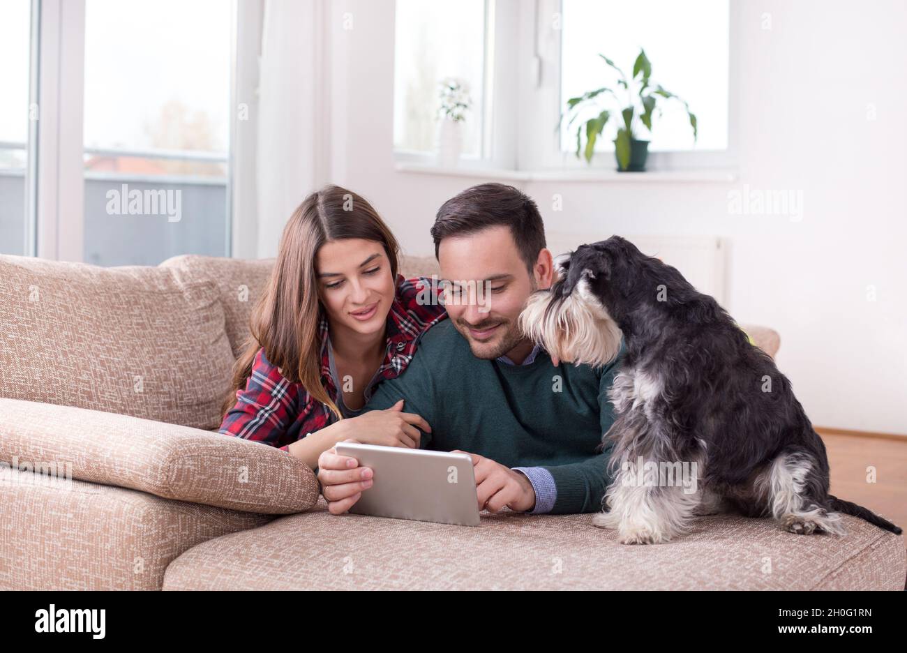 Glückliches junges Paar, das mit Hund auf dem Sofa liegt und auf das Tablet schaut Stockfoto