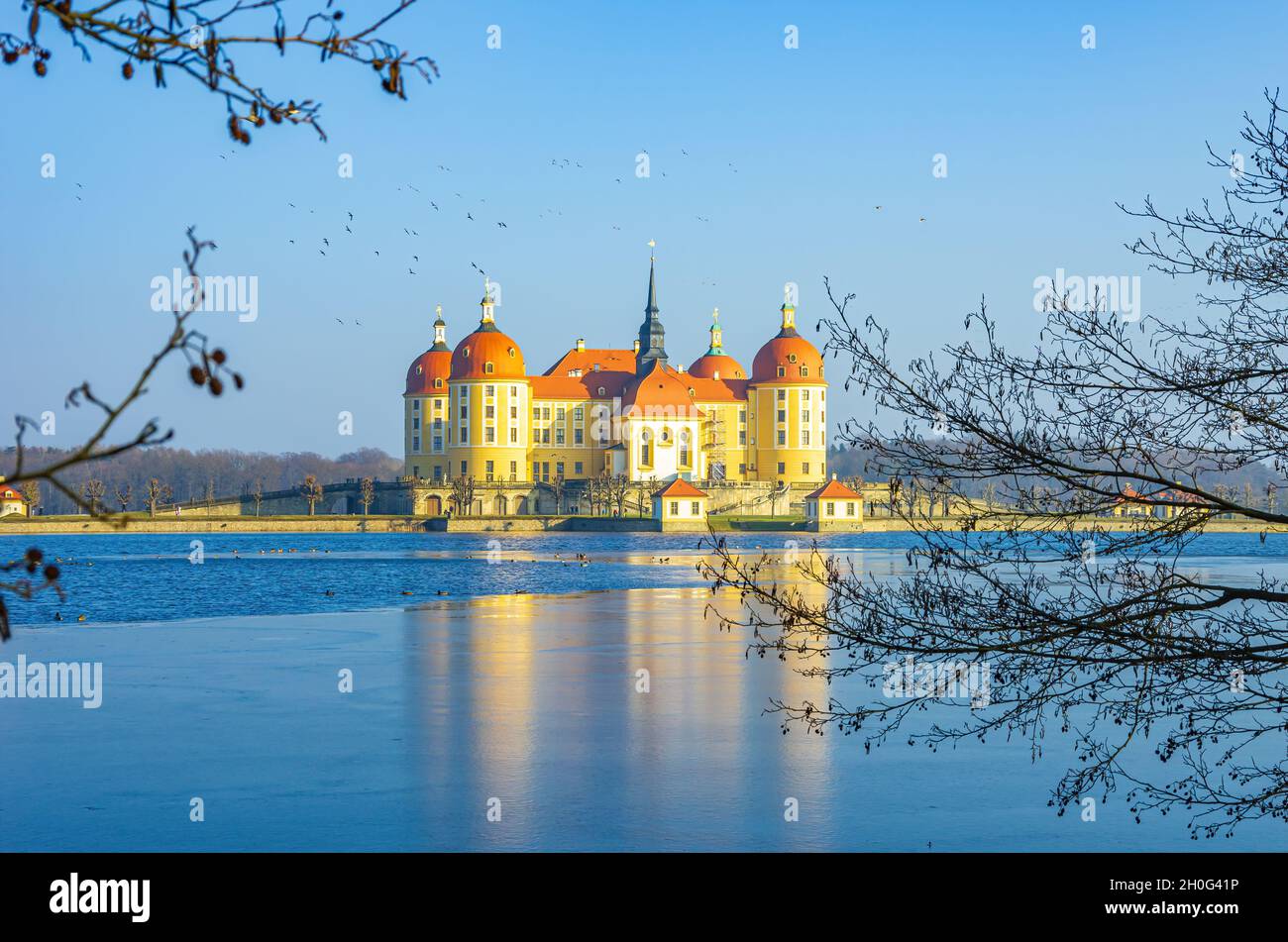 Moritzburg bei Dresden, Sachsen, Deutschland: Winterlich Schloss Moritzburg aus dem Nordwesten, umgeben vom teilweise gefrorenen Schlossteich. Stockfoto