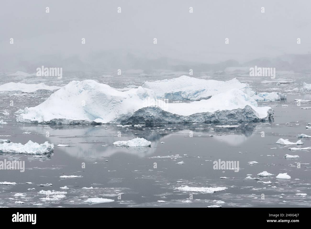 Drift Eis und Eisberge bei Schneefall. Südlicher Ozean, Antarktis Stockfoto