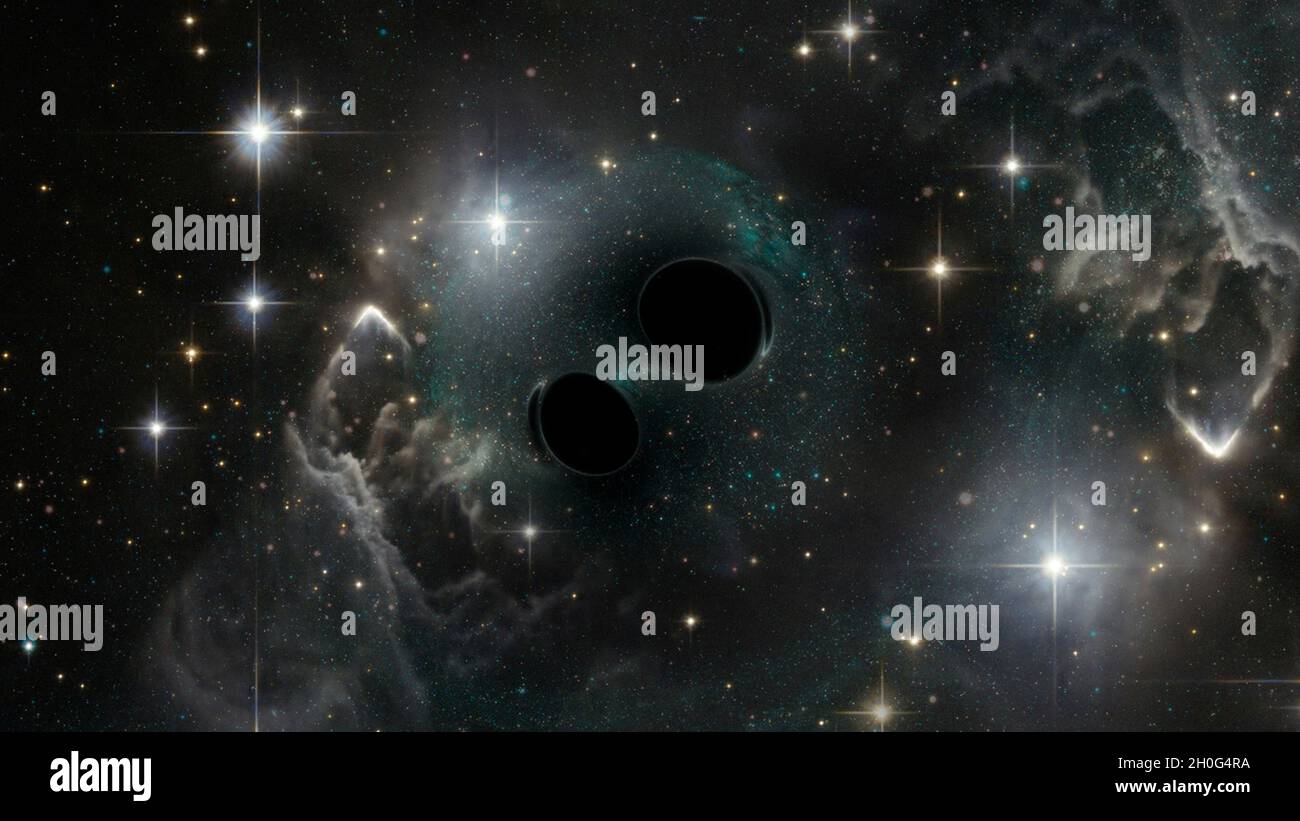 Hintergrundbilder mit abstraktem Raum. Zwei schwarze Löcher im Weltraum zwischen leuchtenden Sternen und Staubwolken. Elemente dieses Bildes, die von der NASA eingerichtet wurden. Stockfoto