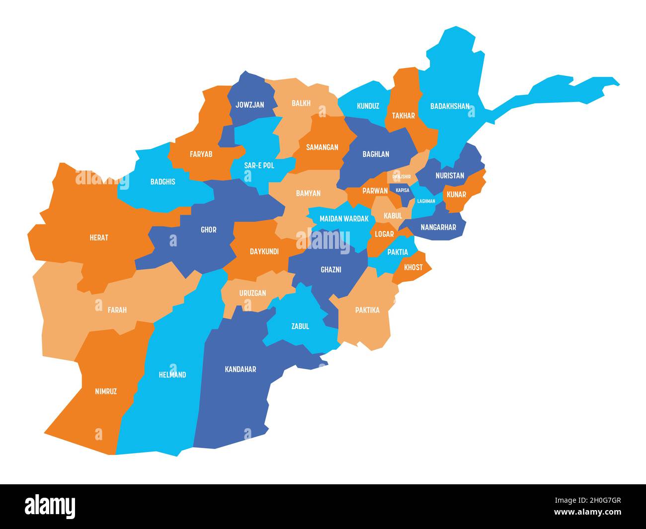 Bunte politische Landkarte von Afghanistan. Verwaltungsabteilungen - Provinzen. Einfache flache Vektorkarte mit Beschriftungen. Stock Vektor