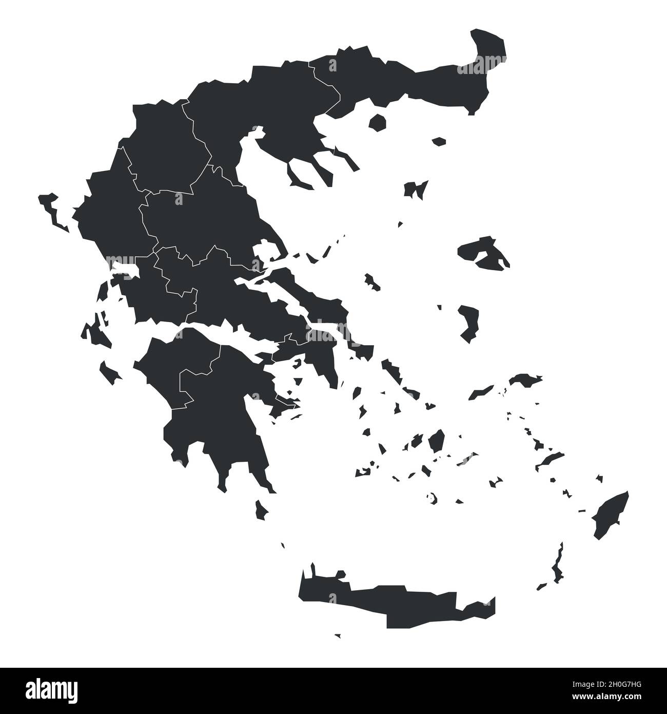 Graue politische Landkarte von Griechenland. Verwaltungsabteilungen - dezentrale Verwaltungen. Einfache, flache, leere Vektorkarte mit Beschriftungen. Stock Vektor