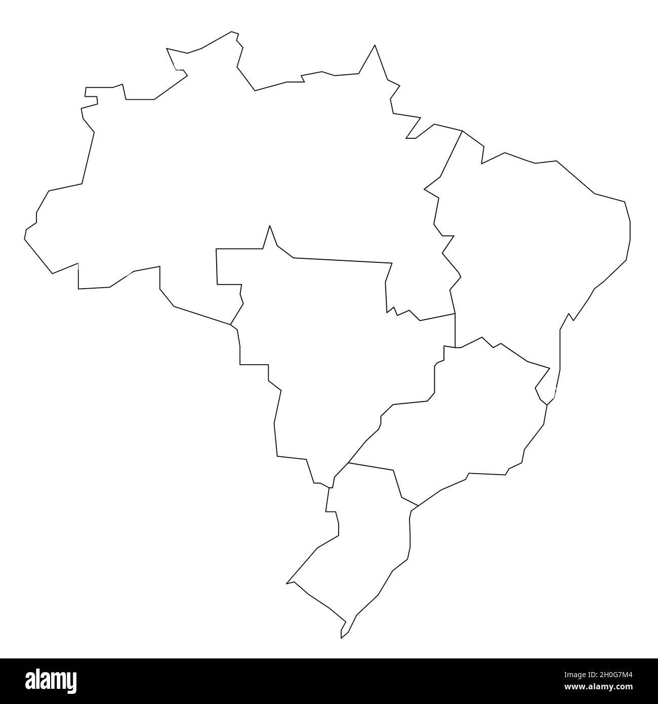 Schwarze Umrisse der politischen Landkarte von Brasilien. Staaten teilen sich nach Farbe in 5 Regionen auf. Einfache leere Vektorkarte. Stock Vektor