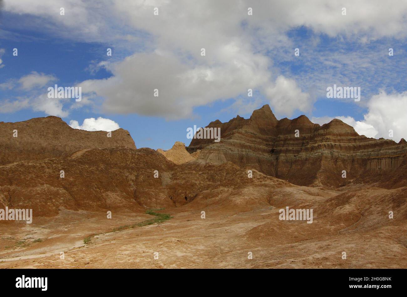 Landschaft mit Felsen. Fossil Exhibit Area, Badlands National Park, South Dakota. Stockfoto
