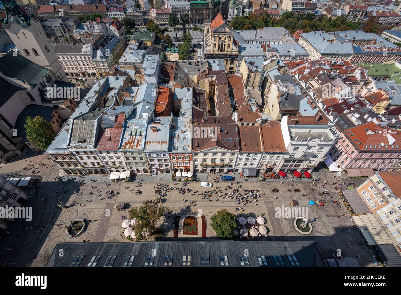 Luftaufnahme von Lviv und Rynok-Platz - Lviv, Ukraine Stockfoto