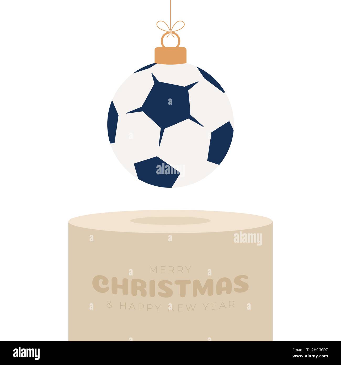 Fußball Sport Weihnachtskugel Sockel. Frohe Weihnachten Sport Grußkarte.  Hängen Sie sich an einen Fußball-Faden, einen Fußball als Weihnachtsball  auf dem goldenen Podium Stock-Vektorgrafik - Alamy