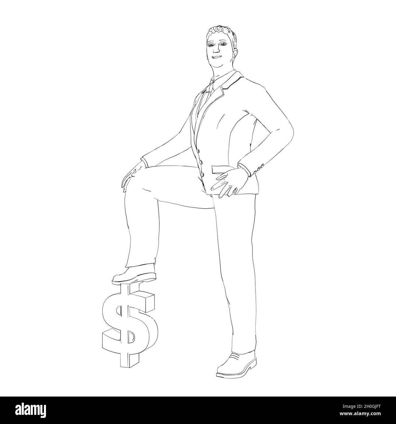 Skizze eines fröhlichen Mannes, der mit einem Fuß auf einem Dollarzeichen auf weißem Hintergrund steht Stockfoto