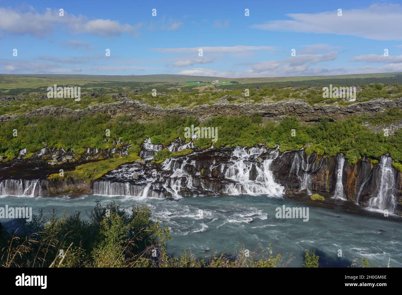 Borgarfjordur Region, Island: Die Hraunfossar Wasserfälle, die sich aus Bächen bilden, die aus dem Hallmundarhraun strömen, einem Lavafeld, das durch einen Ausbruch gebildet wurde Stockfoto