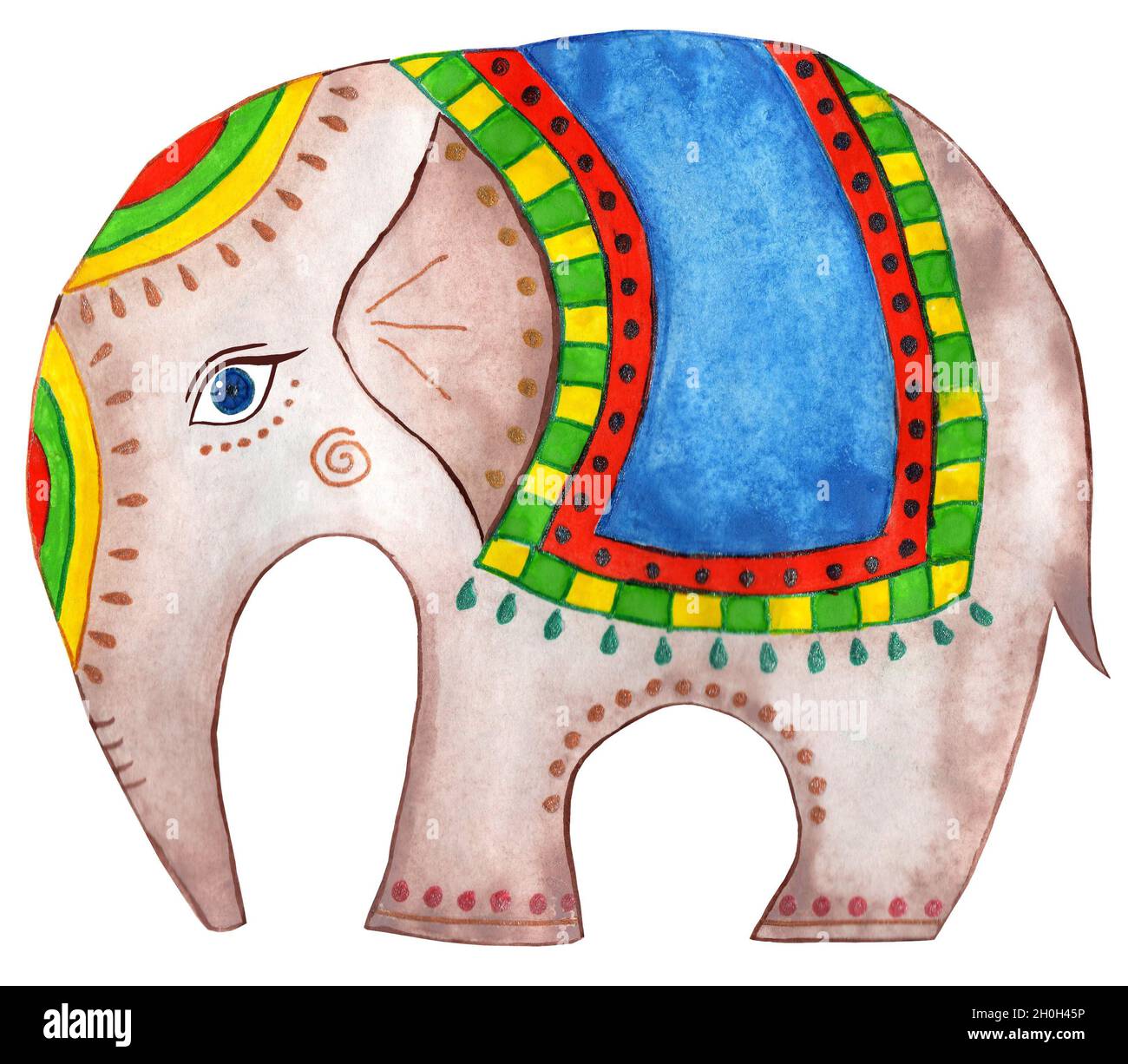 Elefant in Decke mit Schmuck. Indischer Elefant. Isoliert auf weißem Hintergrund. Handgezeichnete Kinderillustriert. Stockfoto