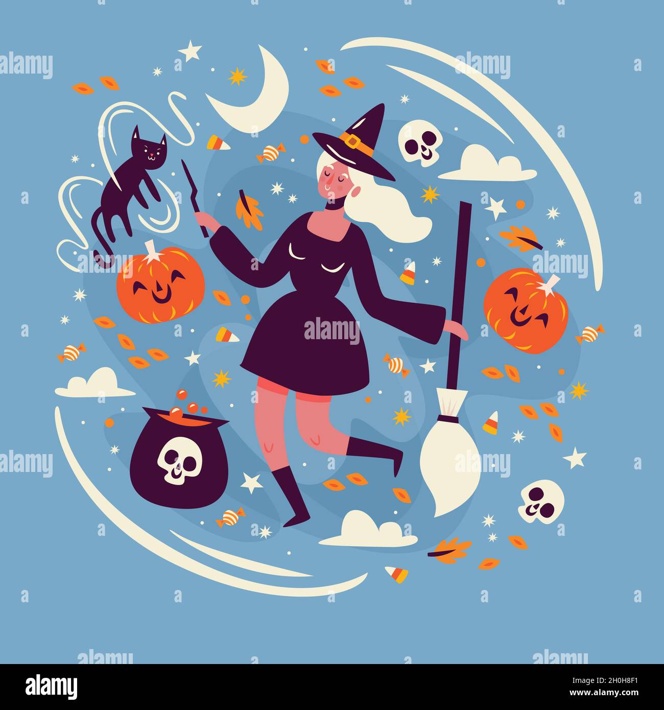 Halloween-Set mit isolierten Cartoon-Stil Bilder von geheimnisvollen Charakteren Und Urlaubszubehör auf leerem Hintergrund Vektorgrafik Stock Vektor