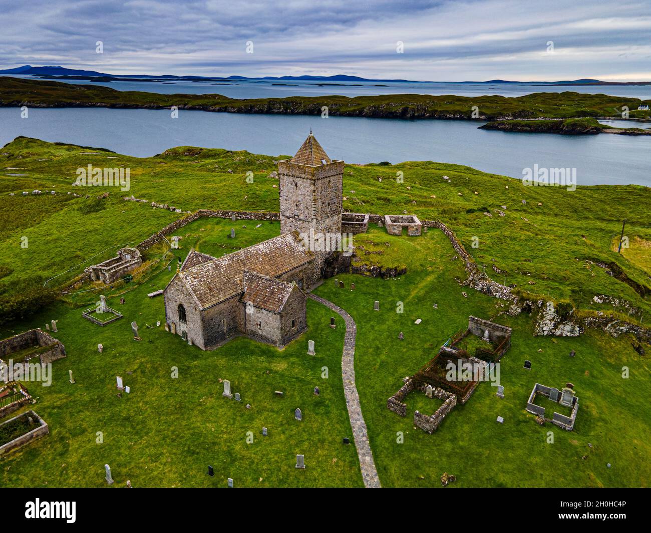 Luftaufnahme der St. Clements Church, Rodel, Isle of Harris, Äußere Hebriden, Schottland, VEREINIGTES KÖNIGREICH Stockfoto