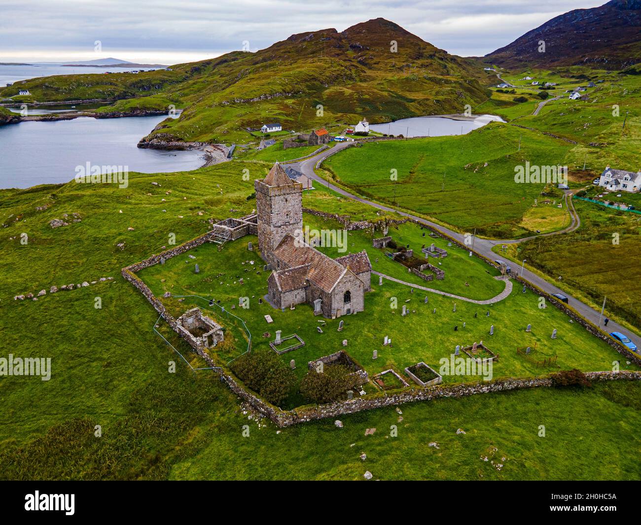 Luftaufnahme der St. Clements Church, Rodel, Isle of Harris, Äußere Hebriden, Schottland, VEREINIGTES KÖNIGREICH Stockfoto