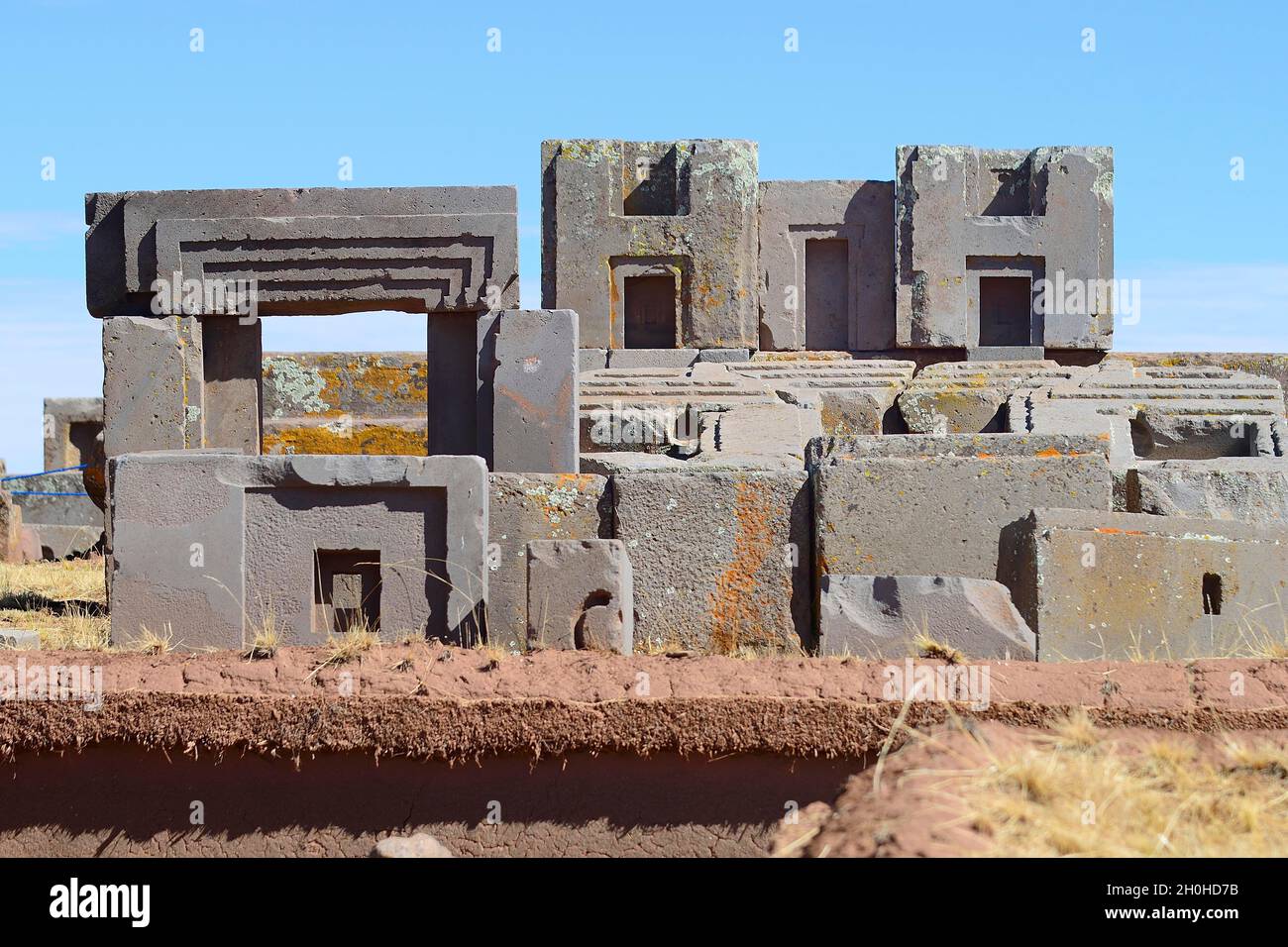 Die Ruinen von Pumapunku, die präinkaischen Ruinen von Tiwanaku, Tiahuanaco, UNESCO-Weltkulturerbe, Departamento La Paz, Bolivien Stockfoto