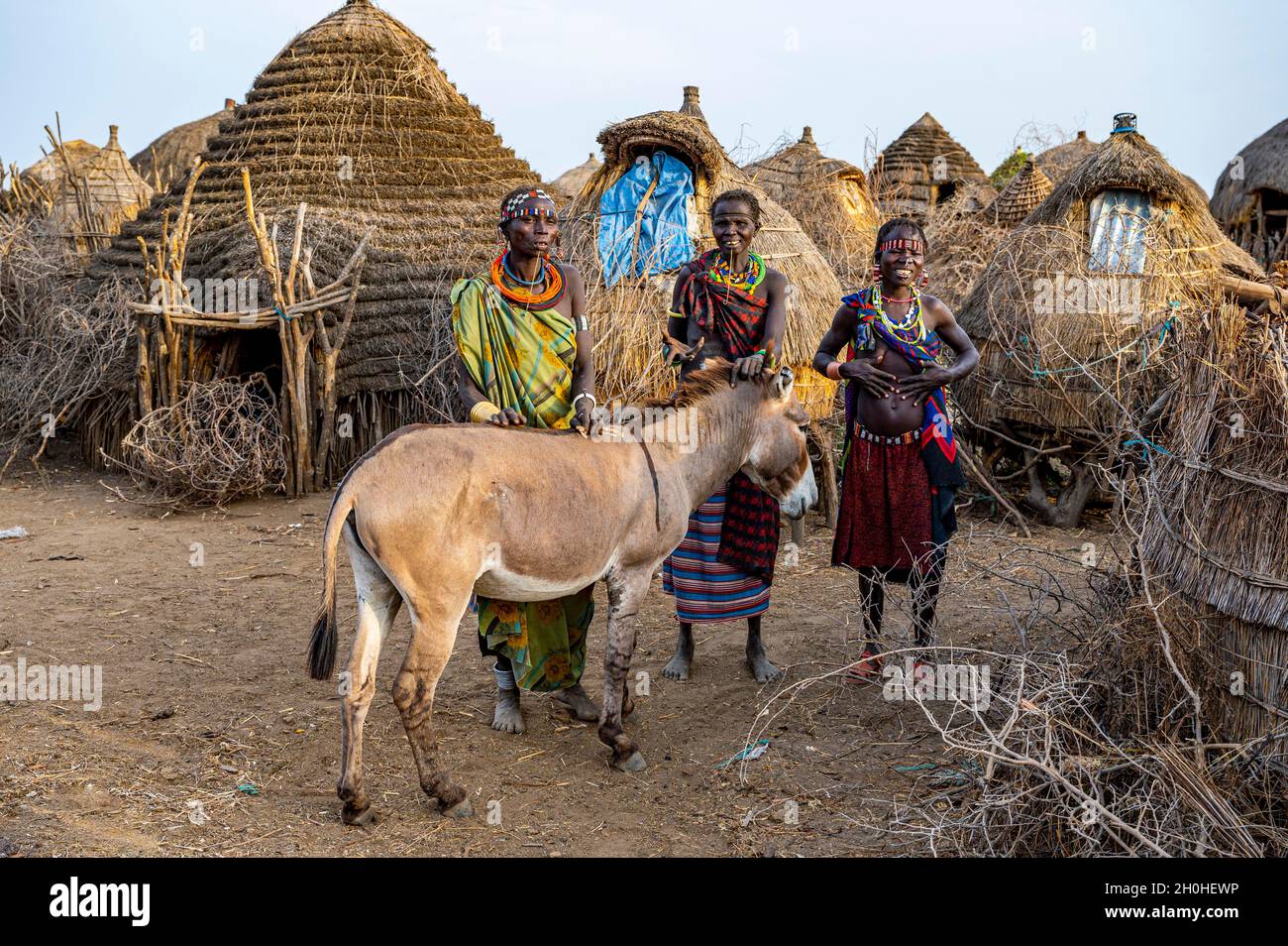 Frauen mit einem Esel vor ihrer Hütte, Jiye-Stamm, Eastern Equatoria State, Südsudan Stockfoto