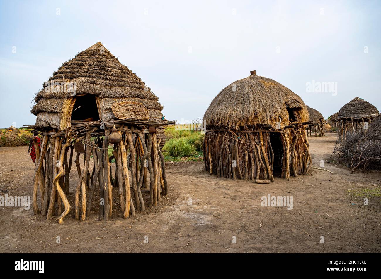 Traditionelle Hütten des Jiye-Stammes, Eastern Equatoria State, Südsudan Stockfoto