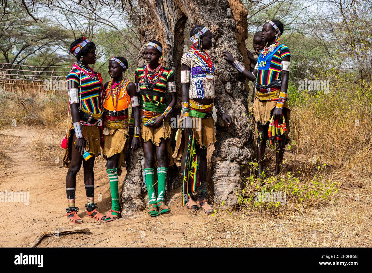 Traditionell gekleidete junge Mädchen aus dem Stamm der Laarim unterhalten sich unter einem Baum, Boya Hills, Eastern Equatoria, Südsudan Stockfoto