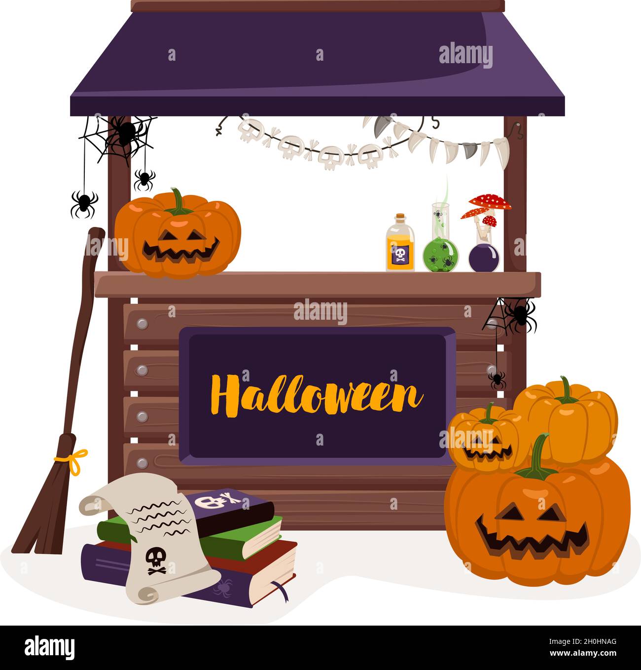 Stand Zähler für Herbst Halloween Urlaub mit Laternen, Kürbisse, Bücher, und Hexen Artikel. Festliche Dekoration mit Horror-Elementen Stock Vektor